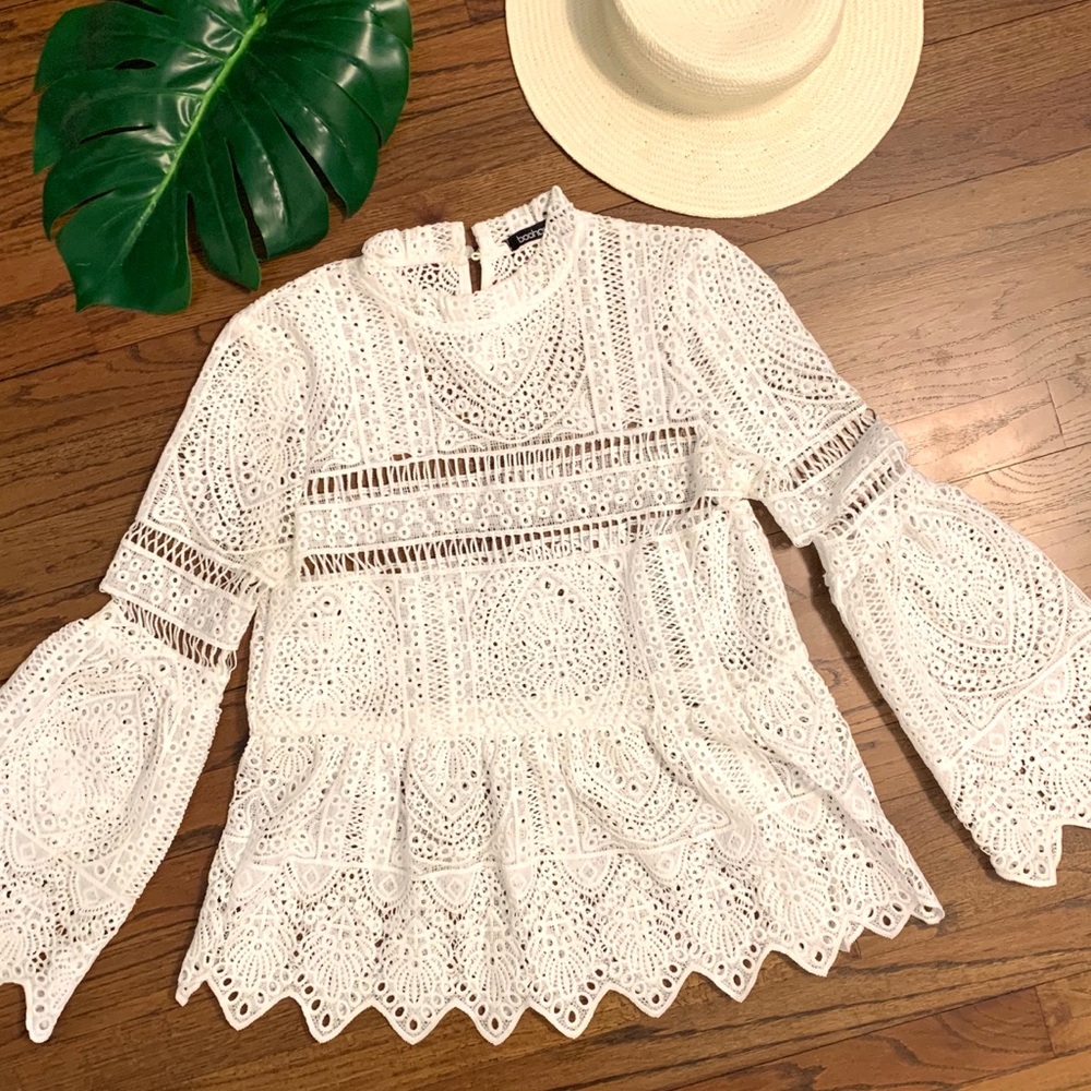 Boho White Lace Crochet Bell Sleeve Top